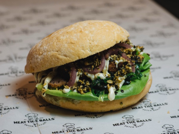 Tokyo Crunch, meatball sandwich with wakame, wasabi mayonnaise and crispy nori chips.